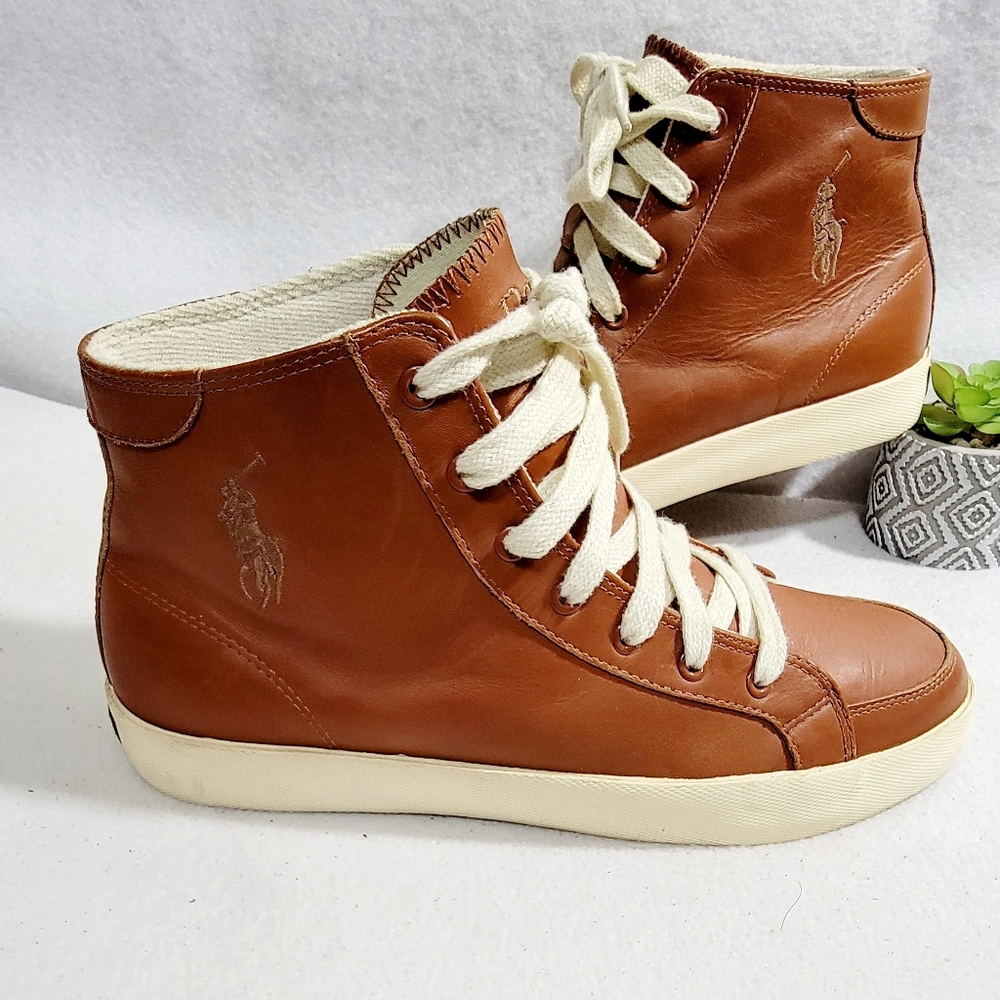 Polo Lauren Lace-Up Camel Brown Leather Chukka Hi Top Sneakers Size 10